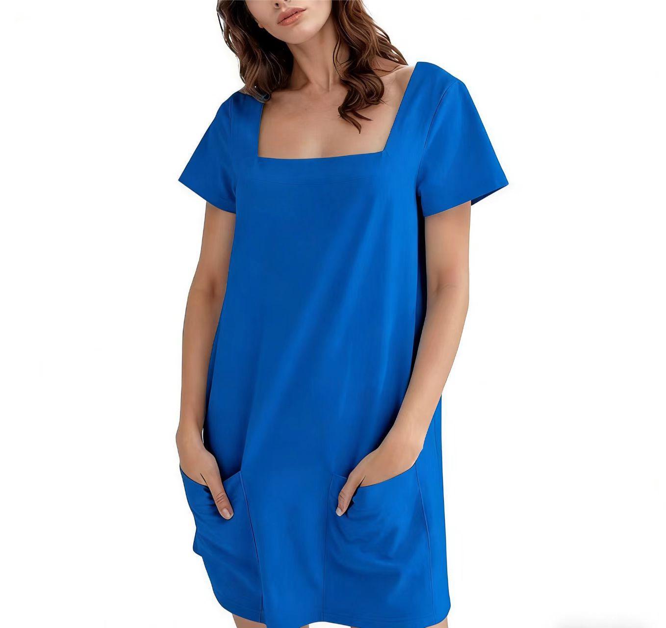 

2026 European & American Square Neck Short Sleeve Solid Color Pocket Casual Dress Extra Large темно-синього кольору