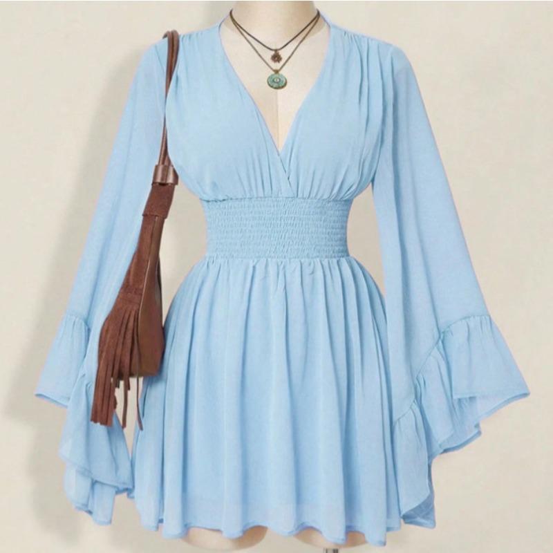 European and American new deep V waist dress, horn sleeve short fashion mesh sexy solid color skirt