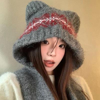 Women's Fair Isle Bear Knit Hat for Winter Scarf Integrated Wool Hat Warm Ear-Protective Versatile & Face-Slimming