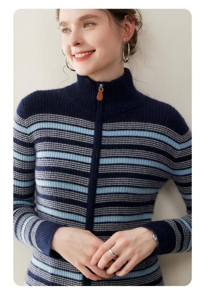 Kaschmir-Strickjacke mit Stehkragen: Bunter gestreifter Strickmantel mit langen Ärmeln für Herbst & Winter
