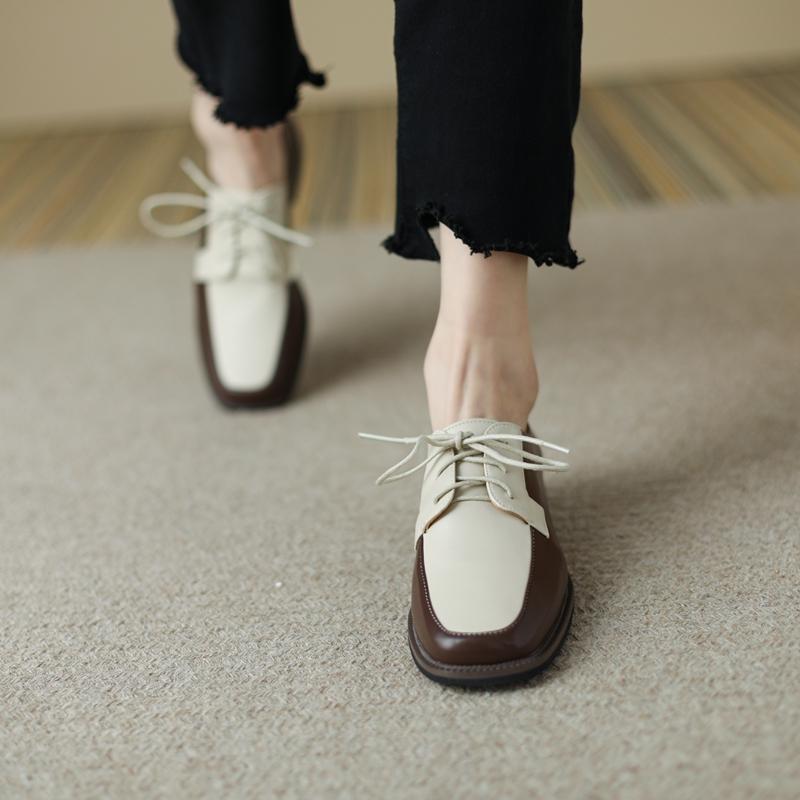 Fashion Women's new spring and autumn square toe lace up mid heel plus color blocked casual and comfortable Oxford single shoe