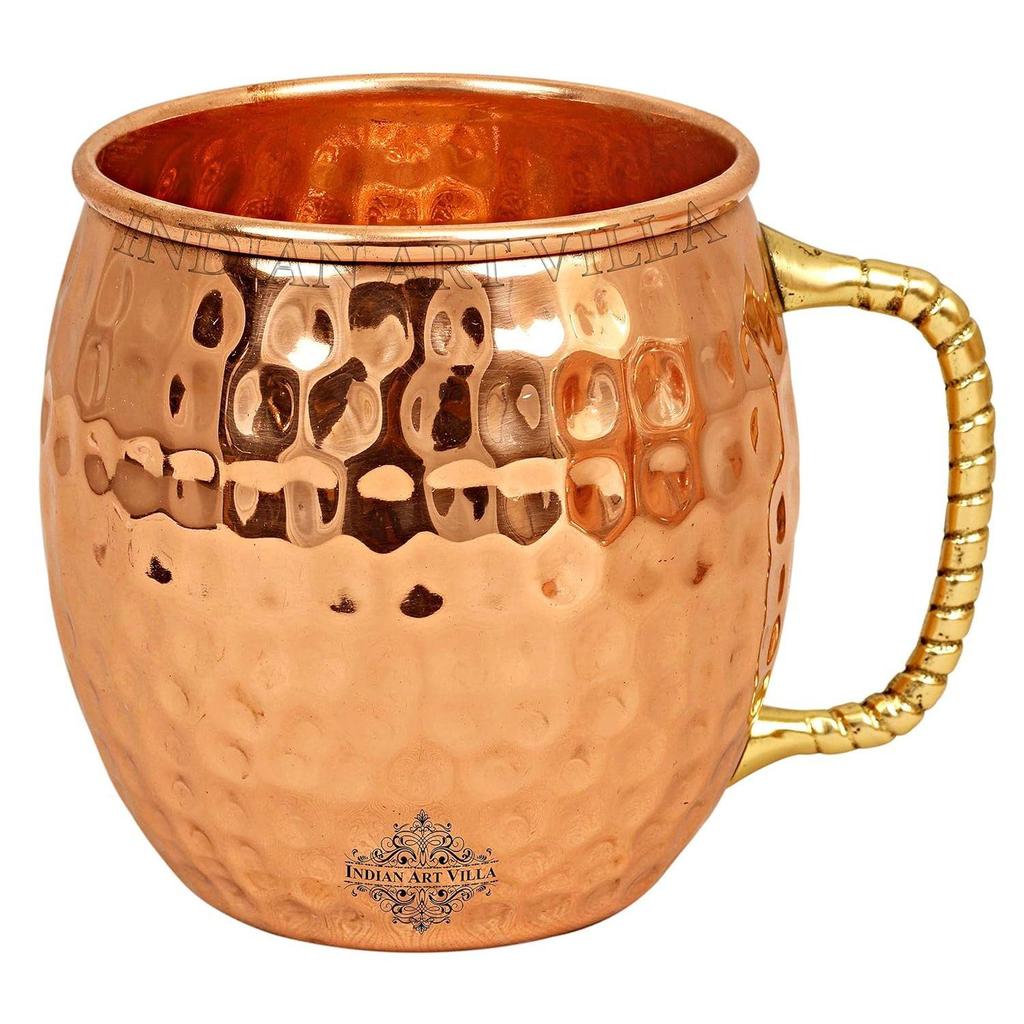 Pure Copper Round Shaped Bimbled Hammered Design Moscow Mule Beer Mug Cup, Best for Beer Cocktail Parties, Barware, Volume-600ML, Set of 4