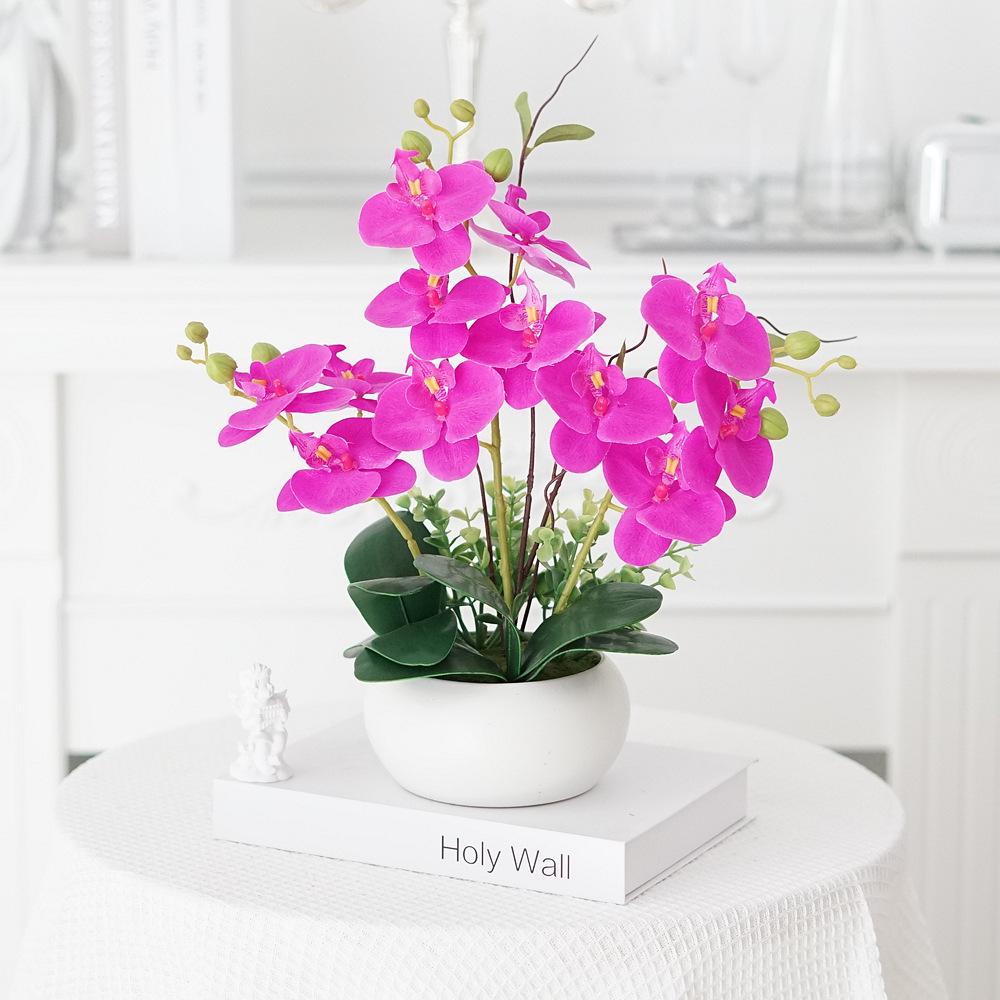Phalaenopsis Artificial Flower Arrangement in Ceramic Pot – Decorative Faux Orchid for Living Room