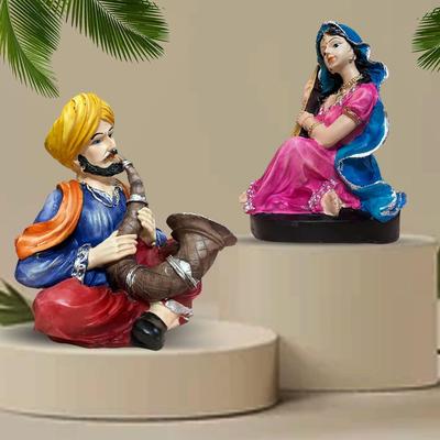 Rajasthani Traditional Musical Couple Resin Showpiece for Home Decor (Pack of 2, Multicolor)