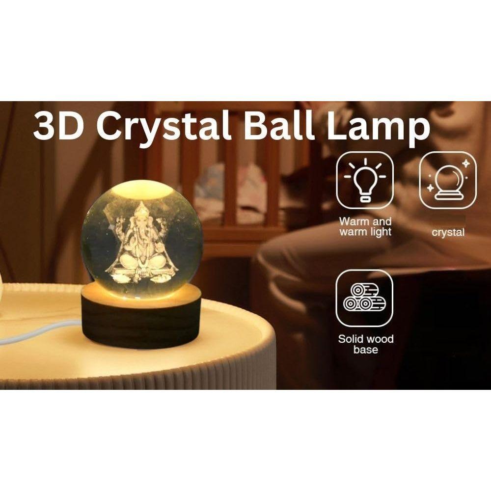 Křišťálová koule Pán Ganeša Noční světlo Skleněná koule Noční LED lampa s dřevěnou základnou Ideální jako dárek