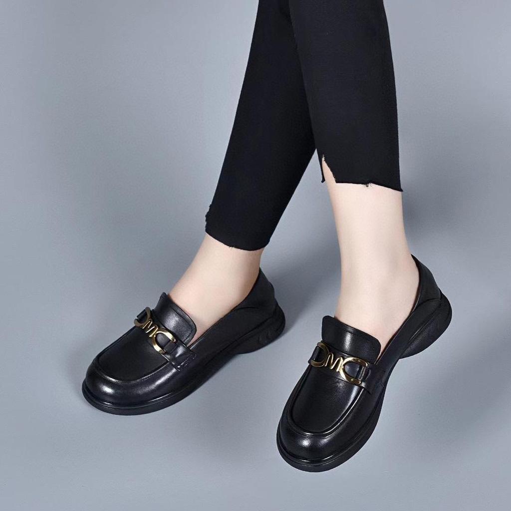 Women's 2024 Spring Round Toe Leather Loafers - British Style, Low-Cut, Flat, Comfortable, Top Layer Cowhide