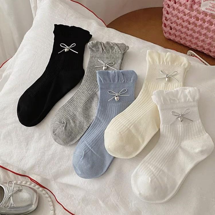 Women's Korean Style Lace Heart Bowknot Ballet Mid-Calf Cotton Socks - Thin & Breathable