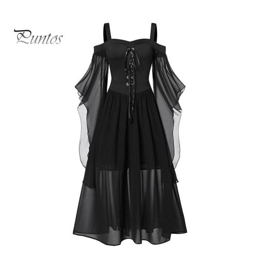 

Платье макси на Хэллоуин, женское платье эпохи Возрождения, винтажное шифоновое длинное платье с открытыми плечами, квадратный вырез, трапециевидный силуэт, костюм с ремешками для праздничных случаев L чёрный