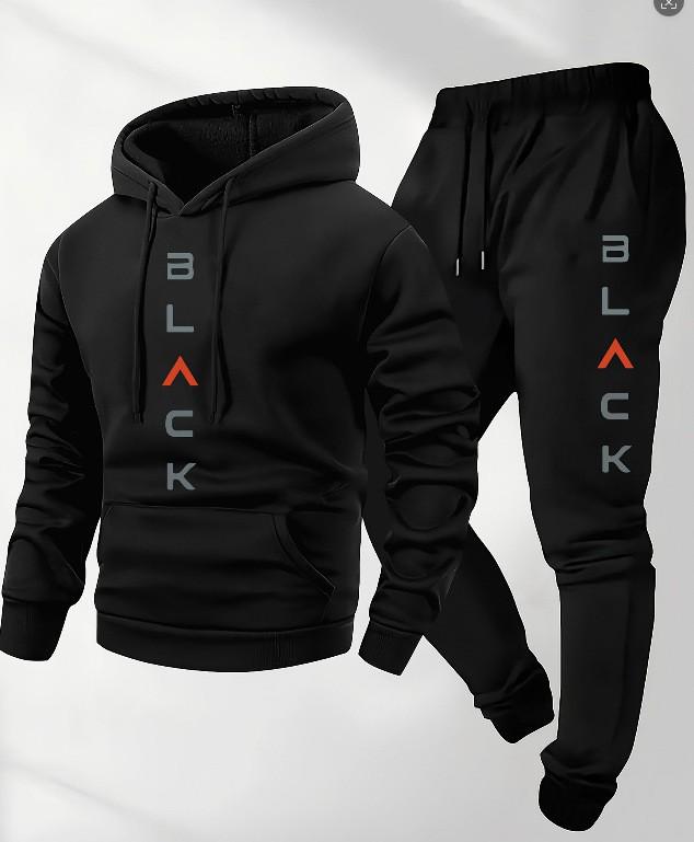 Men's Black Retro Letter Print Two-Piece Jogging Set - Long Sleeve Hoodie & Sweatpants for Winter