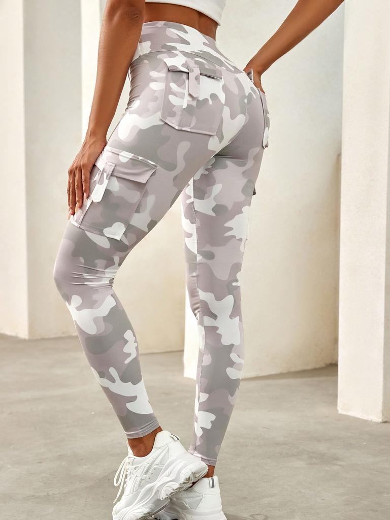Rose Beauty A Camo Print Flap Pocket Side Running Yoga Stretch Leggings