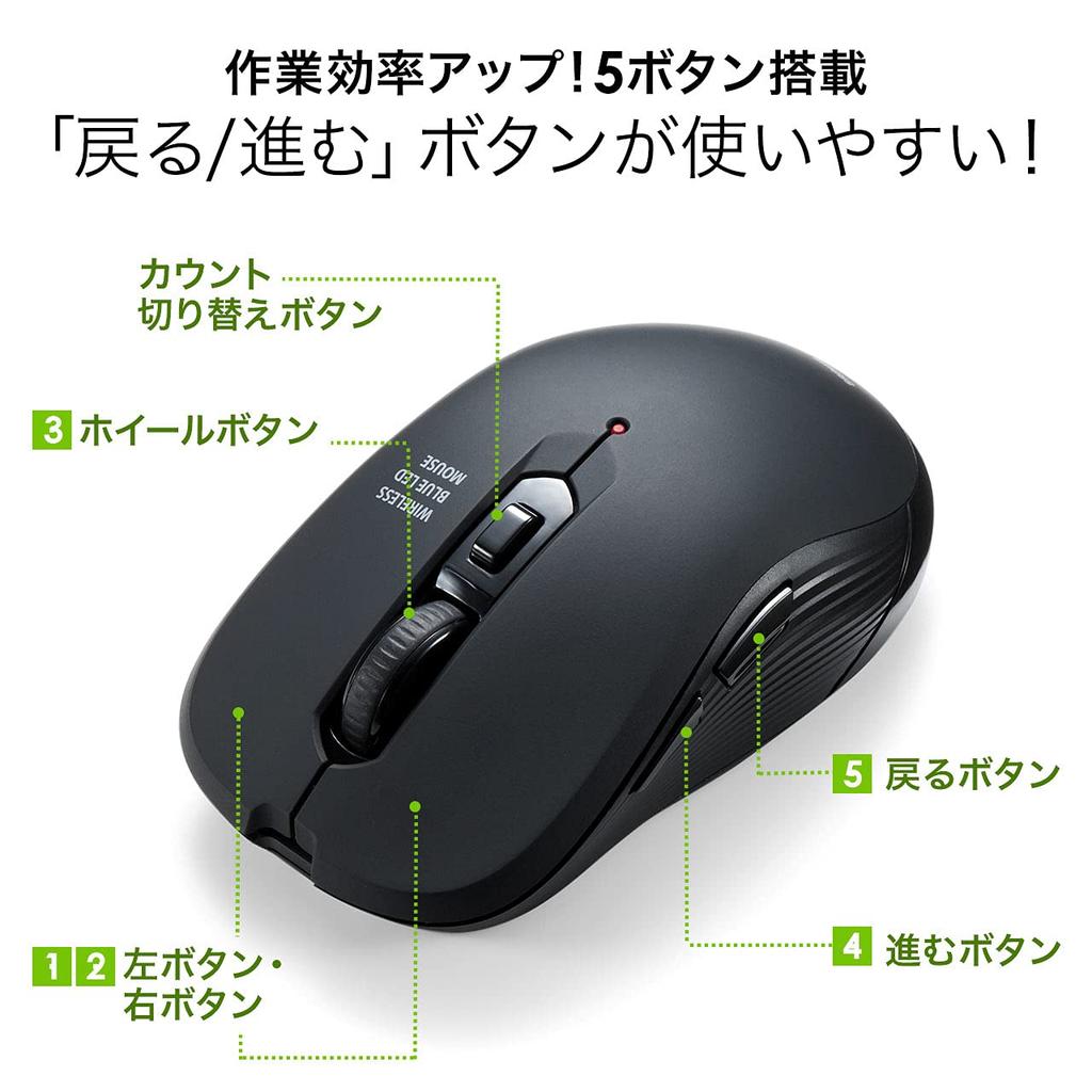 E-Supply Type-C Wireless Mouse, Blue LED Sensor, 5 Buttons, DPI Switching, Rubber Coating, Black, EZ4-MAWC097BK