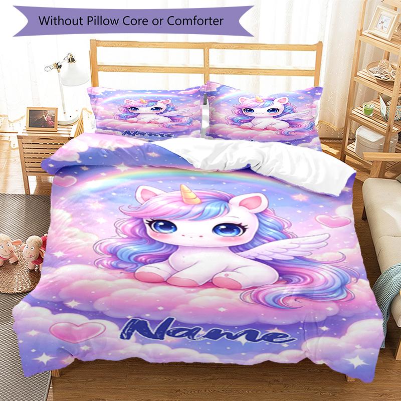 3pcs Custom Name Unicorn Bedding Set Duvet Cover Closure Includes 1 Duvet Cover & 2 Pillowcases, Soft and Comfortable for All Seasons.