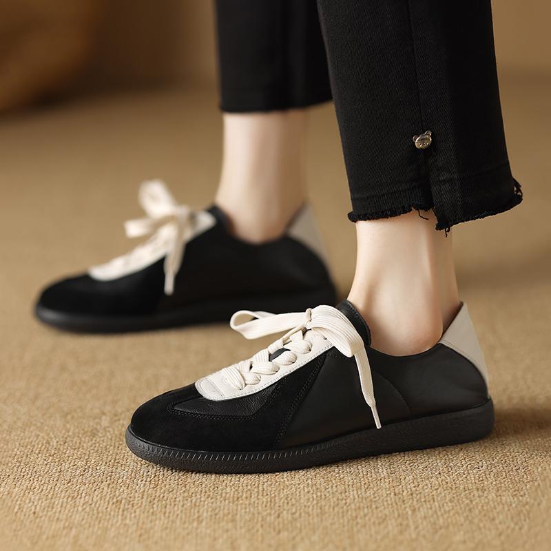 Fashion Women Lace Up Sneakers Genuine Leather Splicing Flat Shoes Black Leopard Print Ladies Casual Flats Womens Round Toe Footwear