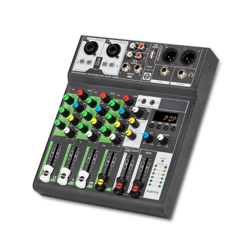 

4 Channel Audio Mixer Input 48VPhantom Power Stereo DJ Studio Streaming Audio Mixer with Built-in Computer Sound Card 1