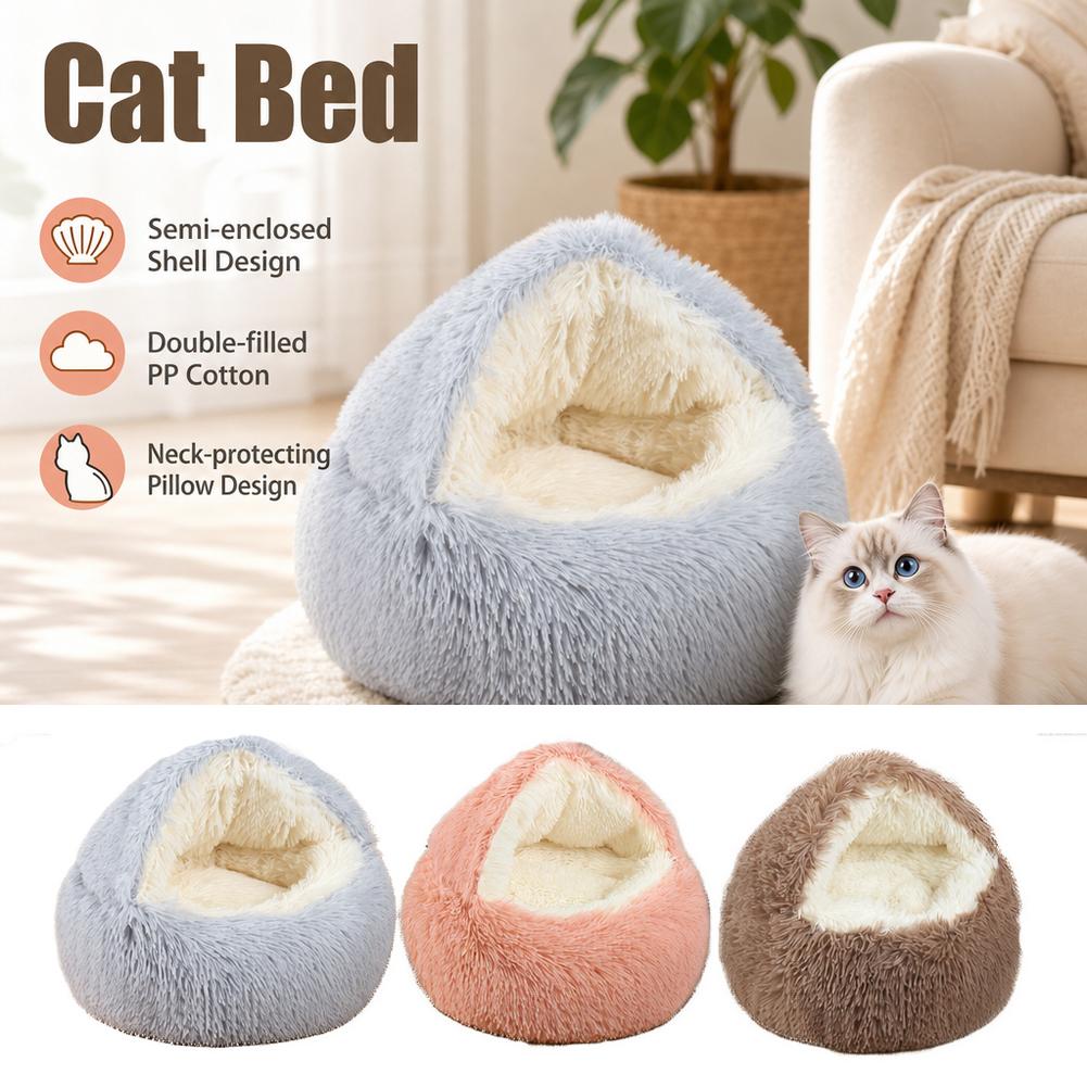 Winter Thermal Shell Cat Bed Soft Plush Shell-Shaped Semi-Enclosed Sleeping Nest for Small Dogs Kitten Pet Bed Comfortable Warm