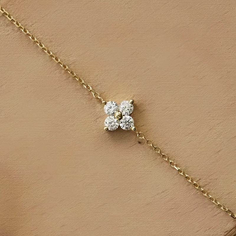 14K Gold-Plated S925 Sterling Silver Four-Leaf Clover Anklet with Diamond-Inlaid Flower Design for Women
