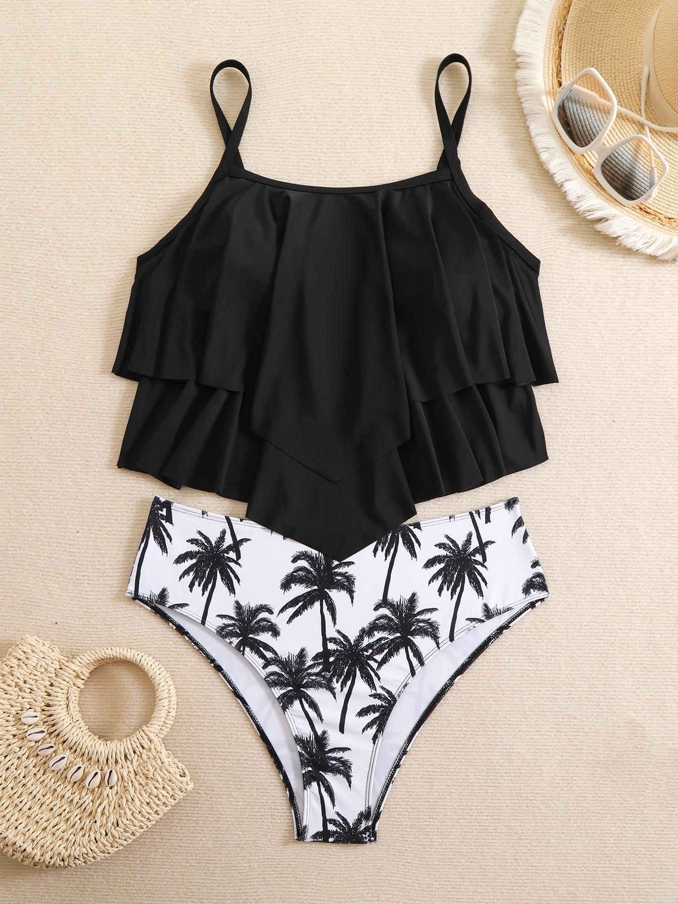 

Женский купальник бикини большого размера с оборками и открытой спиной, с вкладышем для груди - европейский и американский раздельный купальник XL чёрный