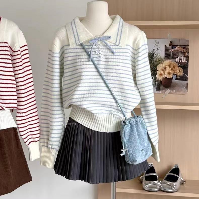 Women Collared Striped Knit Sweater PreppyKnit Bow Decor Ribbed Waist Long Sleeve Pullover