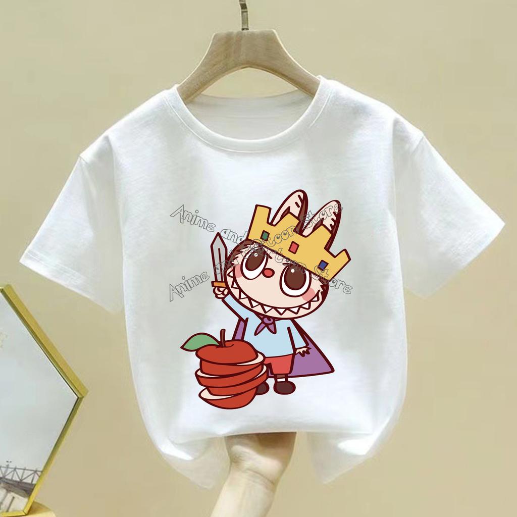 Fashion Labubu White Children's T-shirt Cute Cartoon Girl Round Neck Short Sleeved Clothes New Comfortable Loose Children's Top