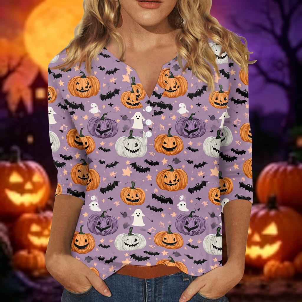 Women V Neck Three Quarter Sleeve Button Down Halloween Printed Casual T Shirt Top for Holiday and Daily Wear