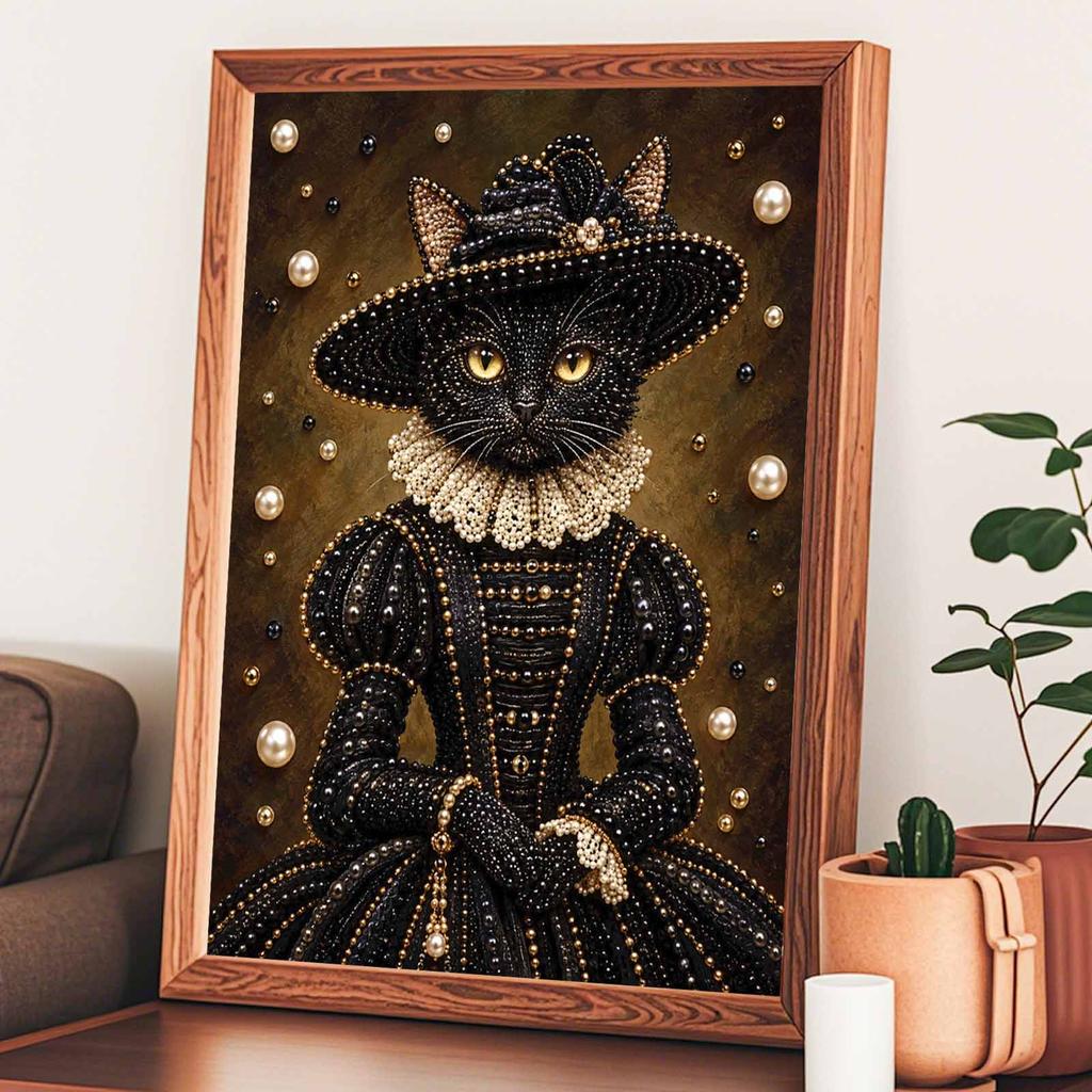 Handmade Framed Pearl Bead Painting Kit Elegant Black Cat Queen 3D Shiny Canvas Art Ready to Display Home Decor Gift Idea