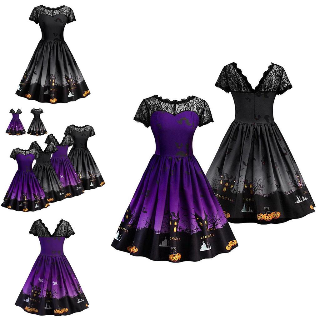 Charming Women Short Sleeve Halloween Retro Lace Vintage Dress Featuring A-line Pumpkin Design
