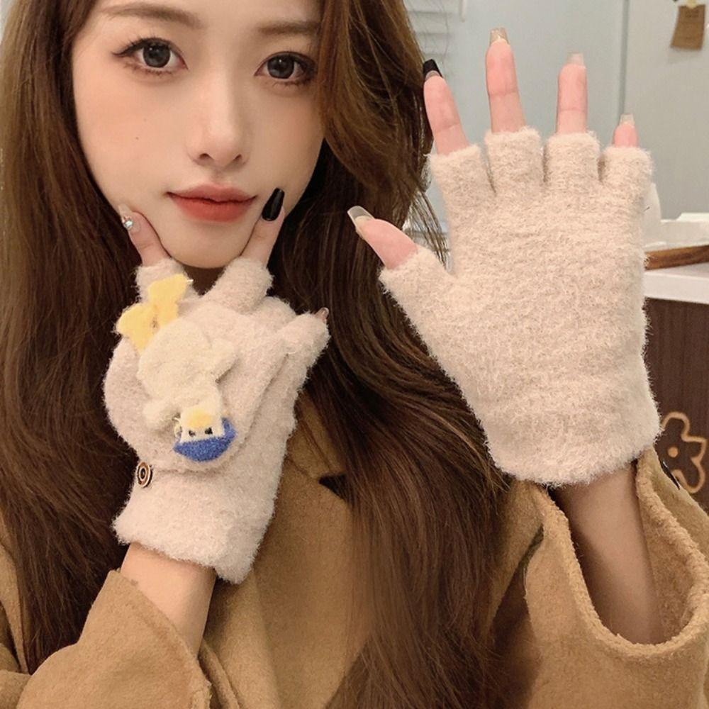 Cartoon Half Finger Gloves Winter Mittens Cute Flip Plush Gloves Winter