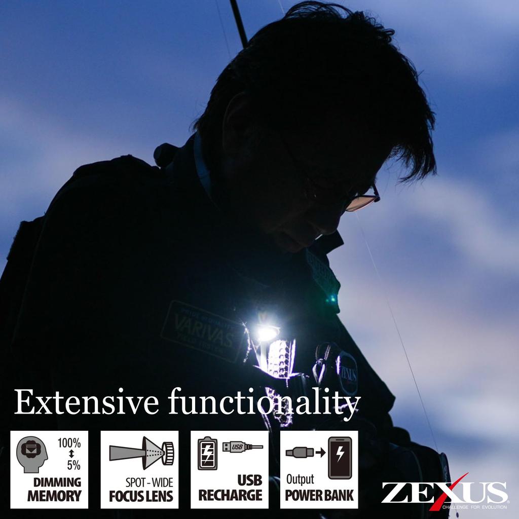 ZEXUS ZX-R740 Rechargeable LED Headlight [Max 1300 Lumens, Main LED Run Time: Up to 46 Hours, White/Red]