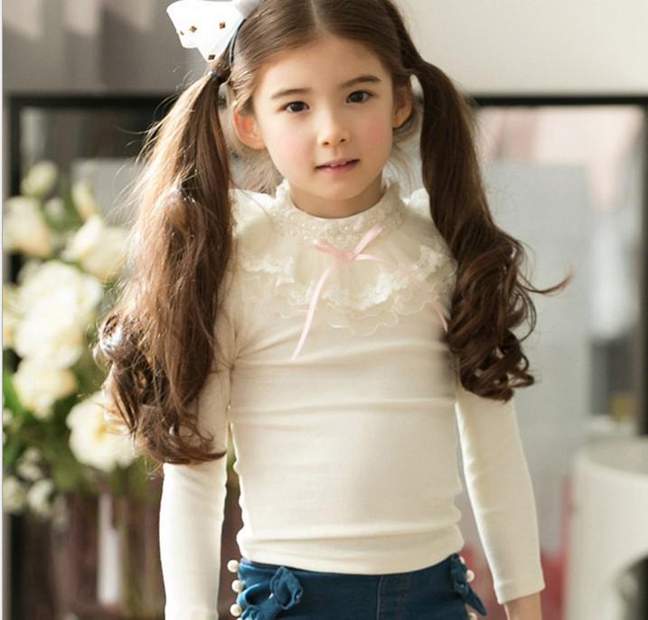 Girls' Korean-Style Lace Pearl Cotton Long-Sleeve T-Shirt for Spring and Autumn
