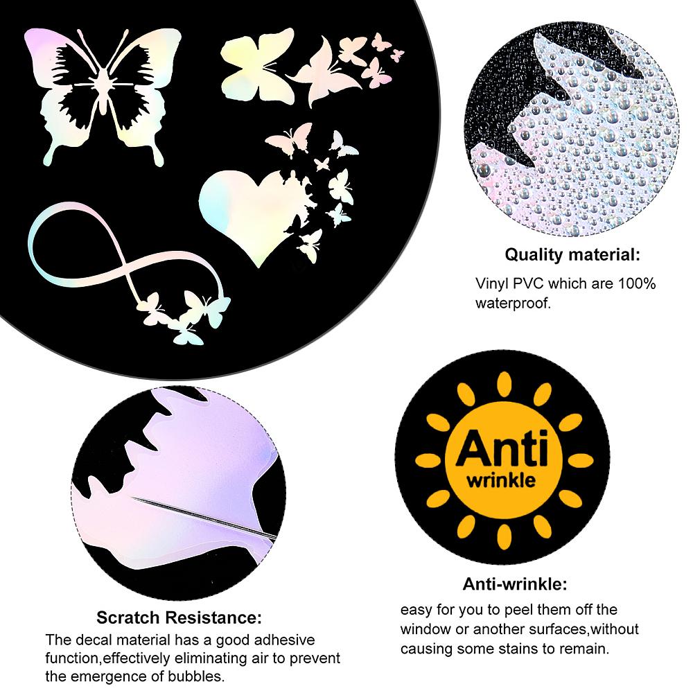 8 Sheets 4 Style Infinity Heart & Butterfly Laser Style Plastic Adhesive Car Stickers Waterproof Window Decals for Car Wall Decoration Colorful