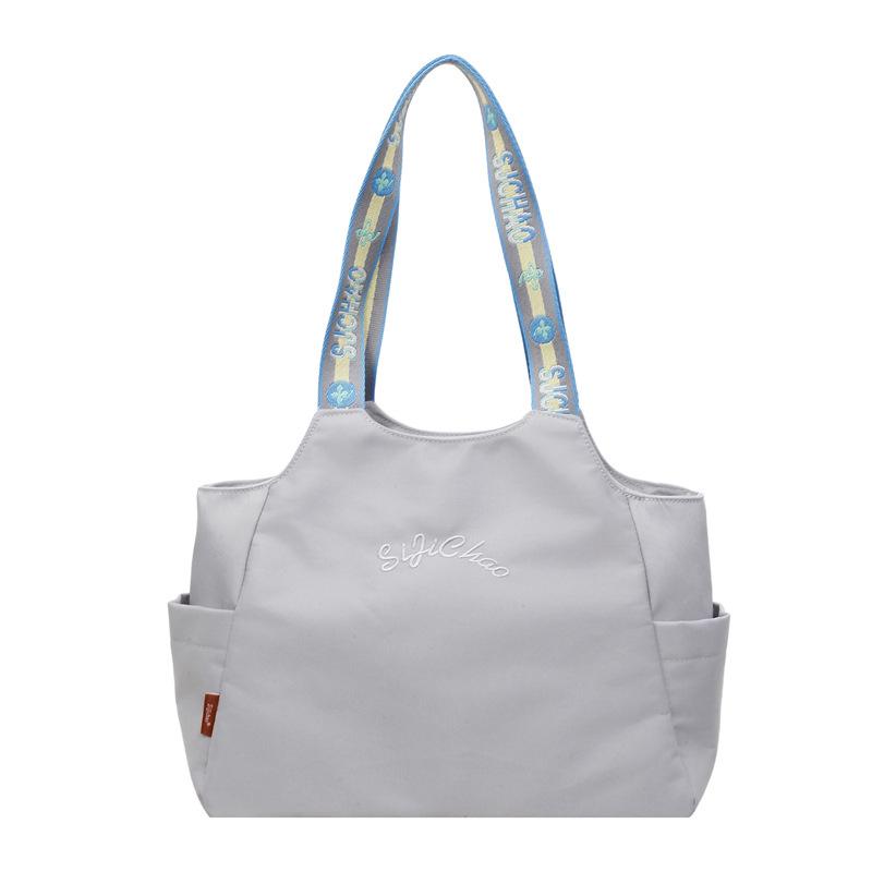 

Nylon Tote Bag with Printed Straps Embroidered Design Large Capacity Everyday Use Women s Fashion Handbag серый