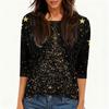 Women's Casual Fashion T-Shirt with Christmas Print, Round Neck, Three-Quarter Sleeves