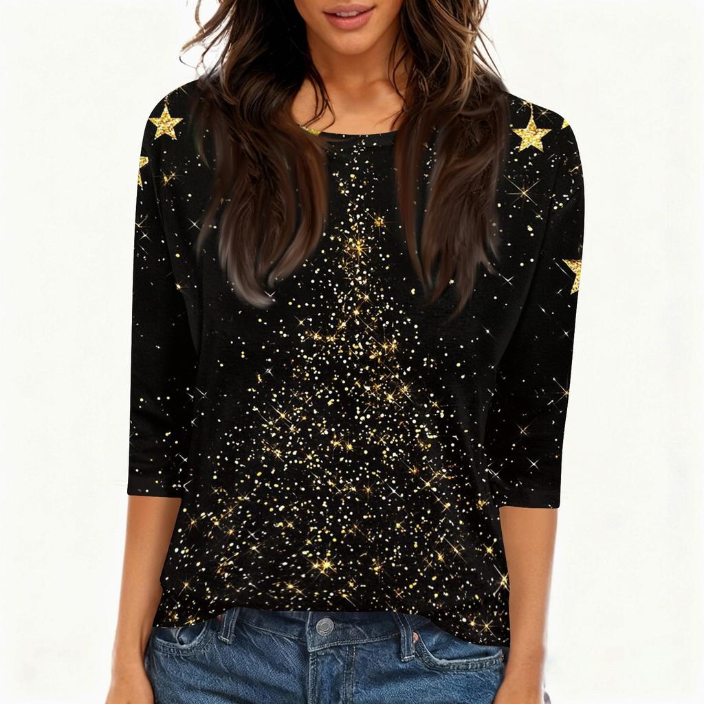 Women's Casual Fashion T-Shirt with Christmas Print, Round Neck, Three-Quarter Sleeves