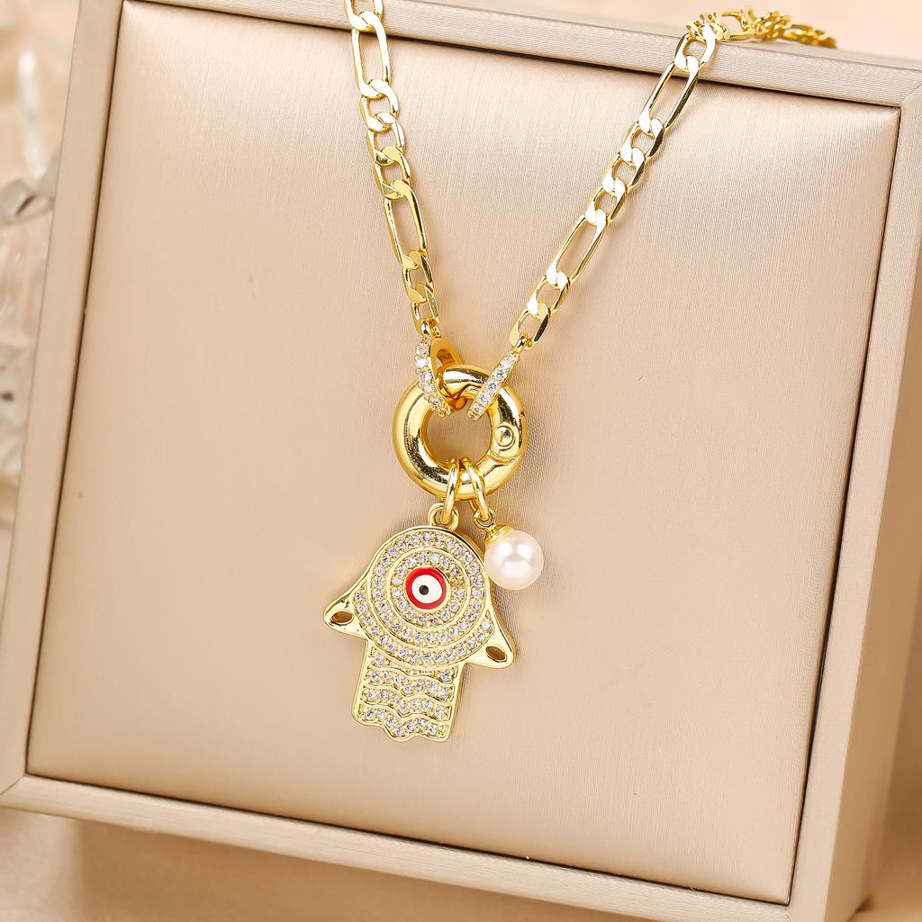 Punk Style Full Zirconiac Evil Eye Palm Pearl Pendant Necklace Luxury For Man Woman Daily Wear Clavicle Chain Jewelry Party Gift