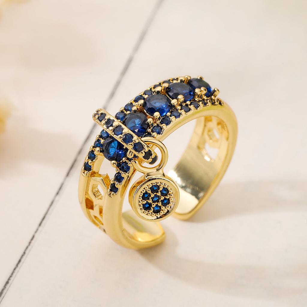 Luxury Fashion Copper Gold-Plated Zircon Geometric Open Ring Female Niche Retro Easy Matching Ring