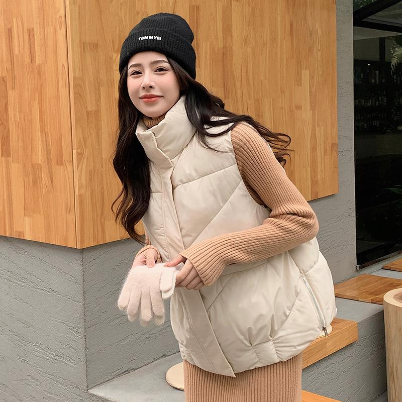 Stand-up Collar Short Vest Vest Women's Autumn and Winter Side Zipper Loose Down Cotton Jacket Vest