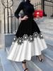 Printed Design Four Seasons Leisure Style Black and White Half Skirt with Black Flower Half Skirt