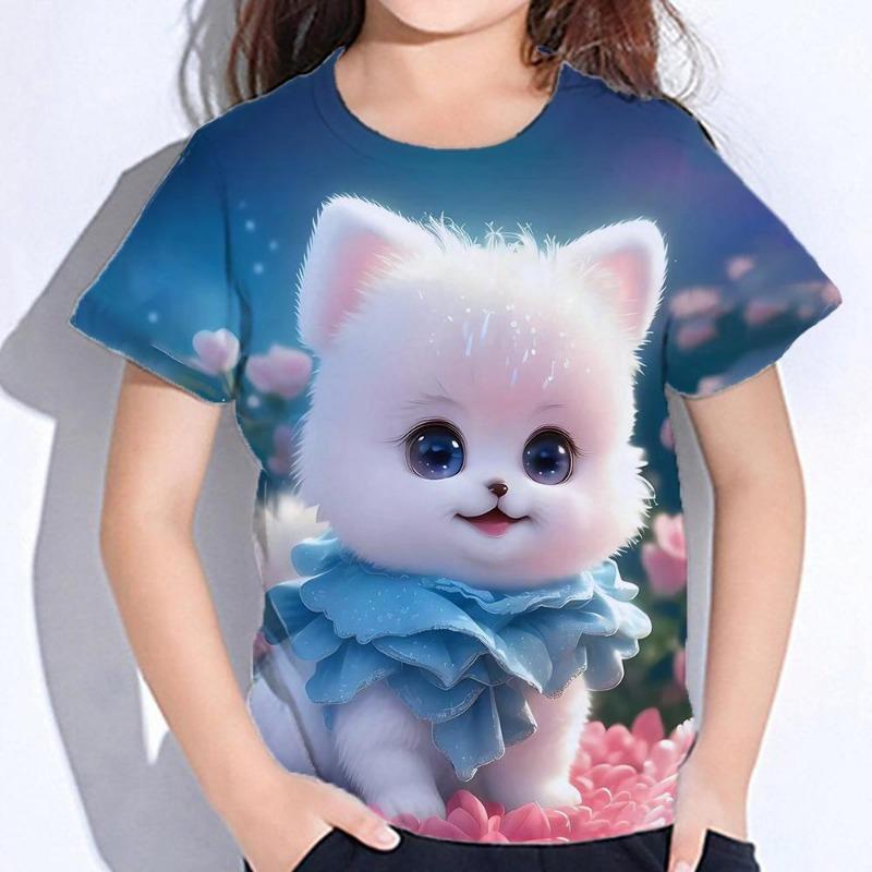 Kawaii Cartoon Animal Cat Kids Adult Printed T-shirt Summer Women's and Men's Casual Outdoor Girl and Boy Short Sleeve Tees Top