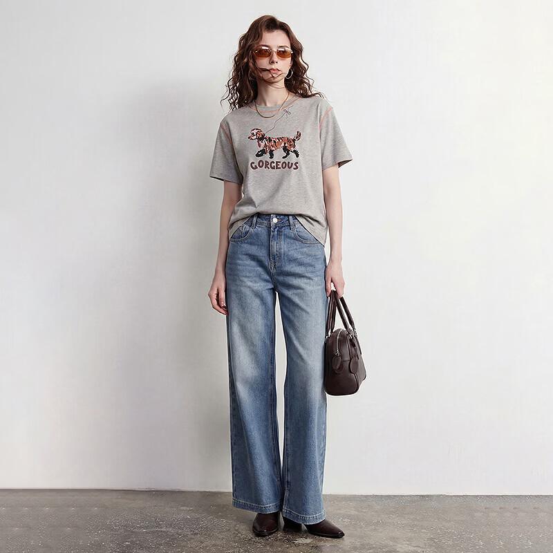 Chuyu Women's Cotton T-Shirt with Dog & Letter Print