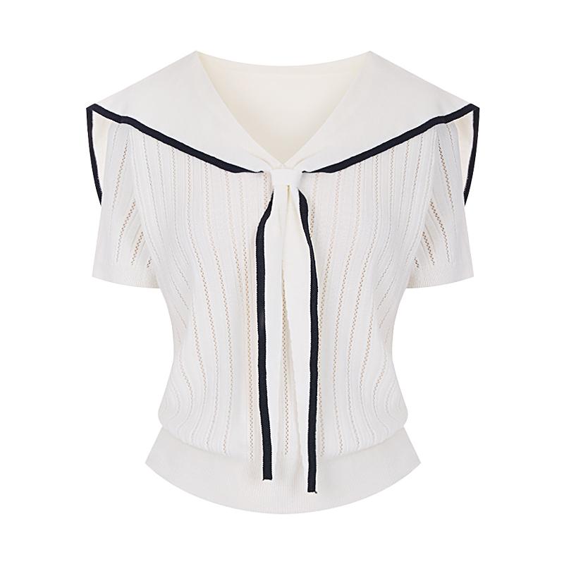 SELLY'S Sailor Collar Contrast Short Sleeve Knit_I6B-Ckn008