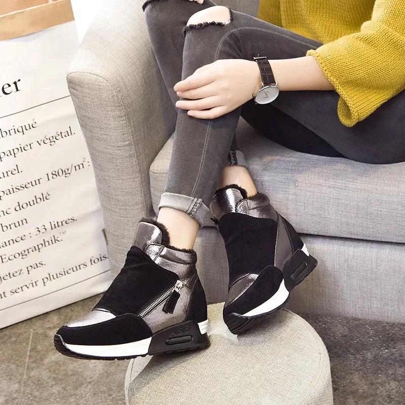 6CM High Top Women Shoes Synthetic Leather Platform Ankle Boots Wedge Hidden Heel Autumn Warm Fur Winter Shoes Sneakers