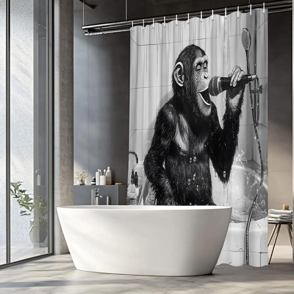 

1Pc Funny Singing Chimpanzee Shower Curtain - Modern Fashion Polyester Bathroom Decor With 12 Hooks W60H190(CM)-1 Pcs