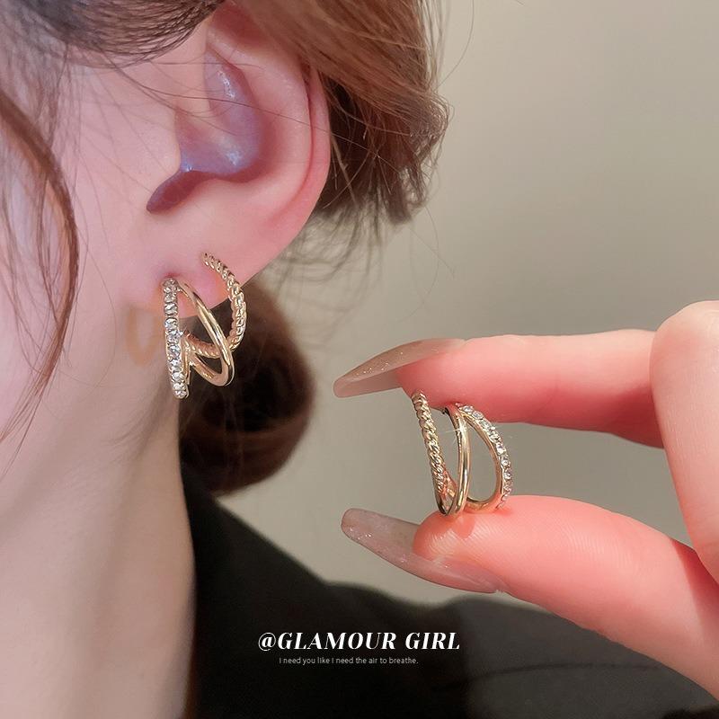 Real gold electroplated silver needle zircon multi-layer C-shaped earrings French niche versatile earrings fashion temperament light luxury earrings