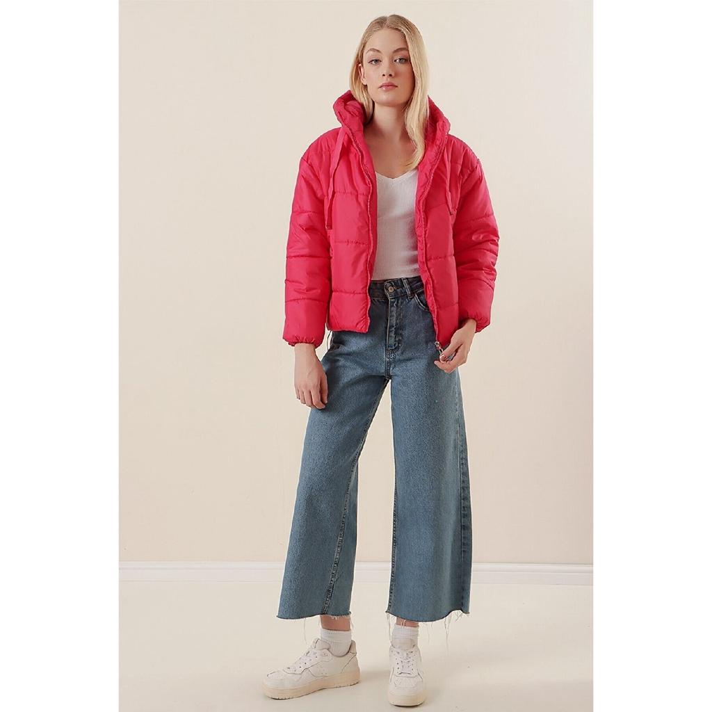 Schwarzer Puffermantel mit Kapuze und Tunnelzug für Damen Hzl22w-bd151171