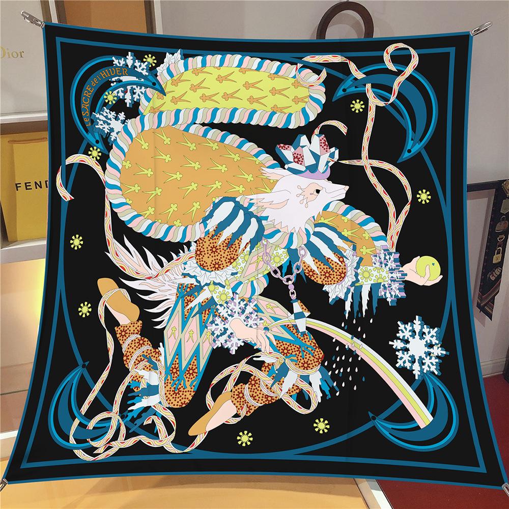 

90cm High Luxury Brand Twill Silk Scarf Women Comic Fox Ropes Print Curled Square Scarves Echarpes Foulards Femme Wrap Bandana 90x90cm