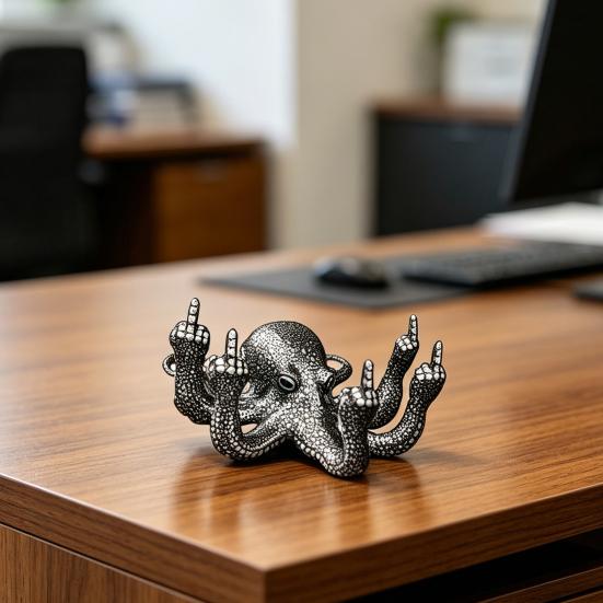 Luminous Gesture Octopus Statue, Resin Octopus Figurine, Middle Finger Octopus Statue, Sea Animal Octopus Decoration for Home Office Desktop