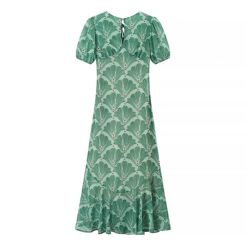 

Summer New Product Women s Clothes Casual Wind Cut Out Printing Series with Decoration Backless Slim Fit Long A- line Fishtail Dress Green L