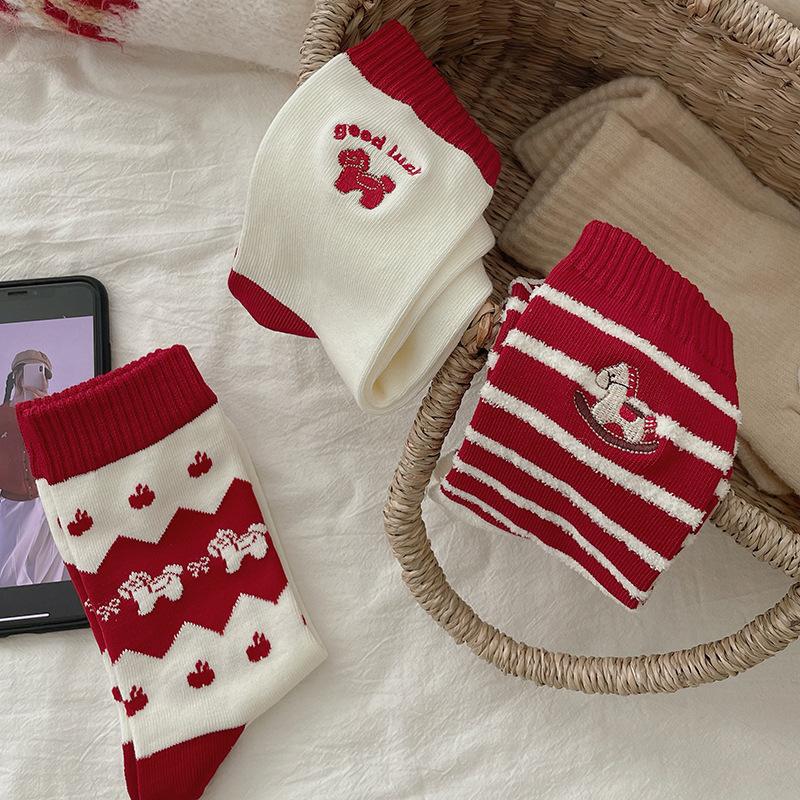 Year Of The Horse Red Socks Mid-Leg Socks Season Thickened Warm Embroidered Pony 26 New Year'S Stockings