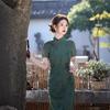 1011 Spring and Summer New Mesh Printing Double-layer Long Cheongsam New Chinese Style Green Temperament Slim Cheongsam Women