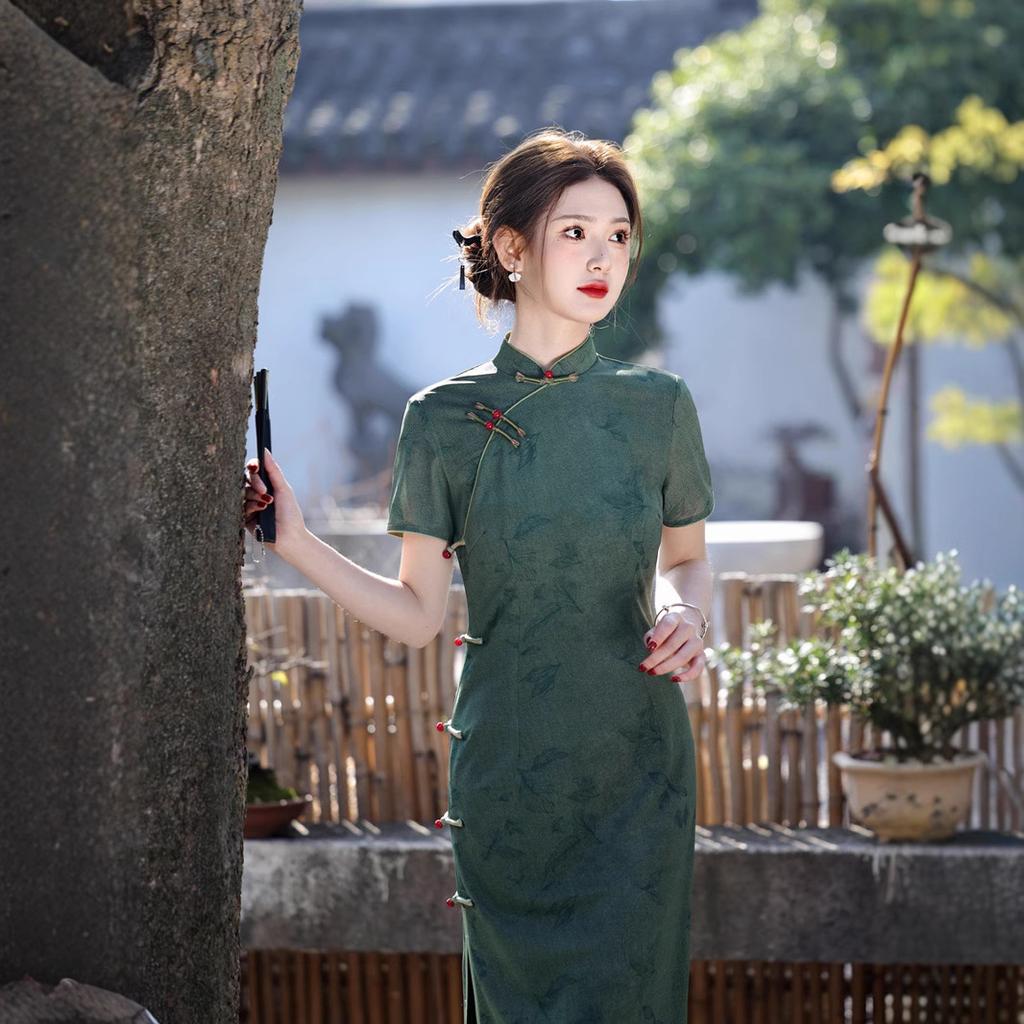 1011 Spring and Summer New Mesh Printing Double-layer Long Cheongsam New Chinese Style Green Temperament Slim Cheongsam Women